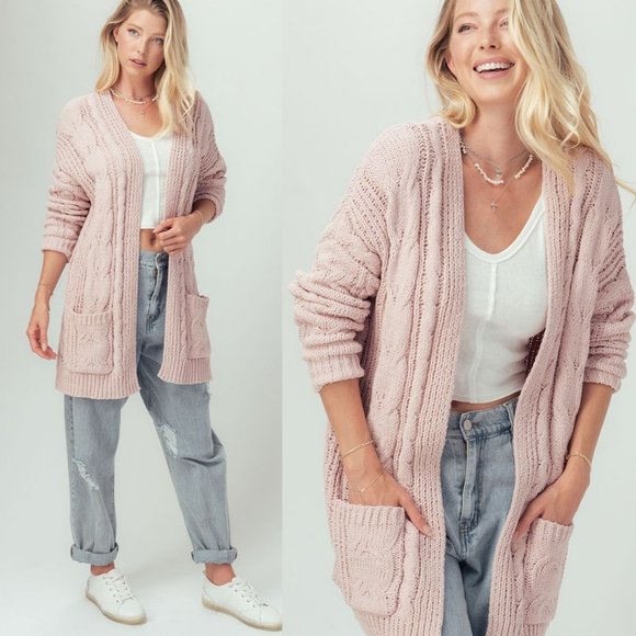NEW Chunky Cable Rib Knit Open Front Long Cardigan - Picture 4 of 11